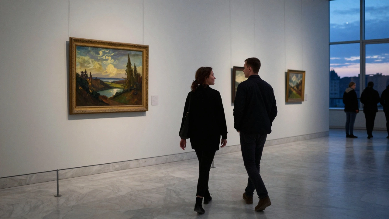 A Russian woman and client walk side by side through a quiet museum at dusk, their shadows long on marble floors.