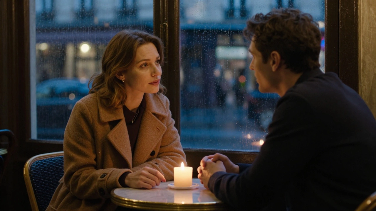 A Russian woman listens intently to a man in a Paris café at night, rain on the window behind them.