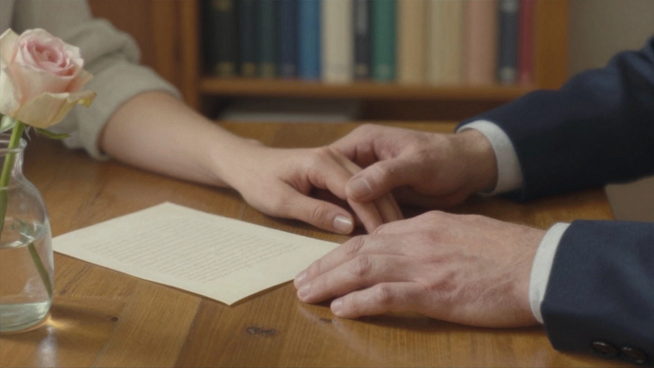 Two hands on a wooden table beside a rose and unfinished letter, symbolizing quiet connection.